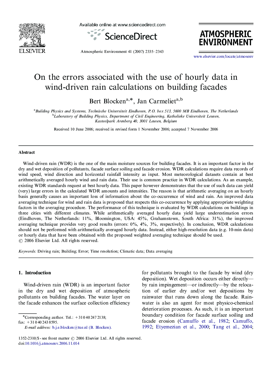 On the errors associated with the use of hourly data in wind-driven rain calculations on building facades