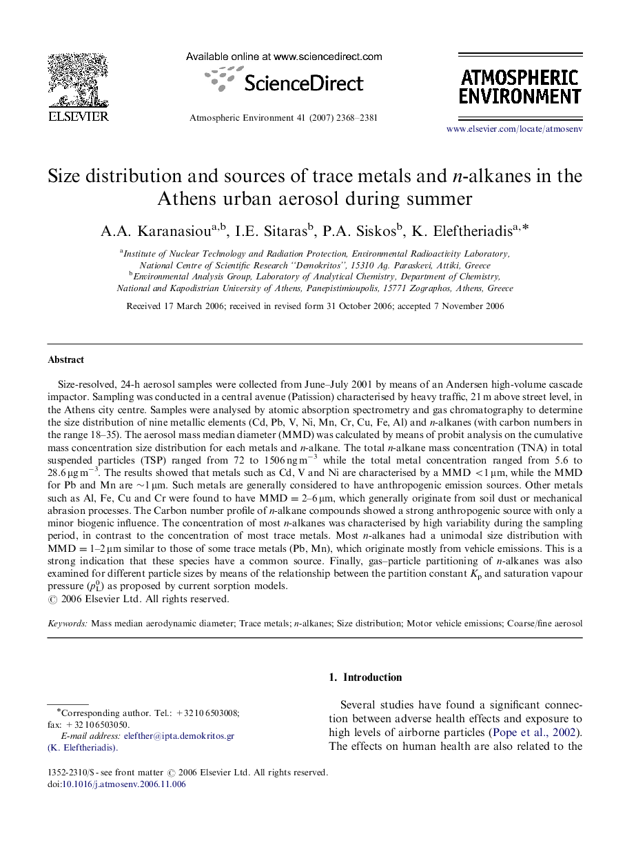 Size distribution and sources of trace metals and n-alkanes in the Athens urban aerosol during summer