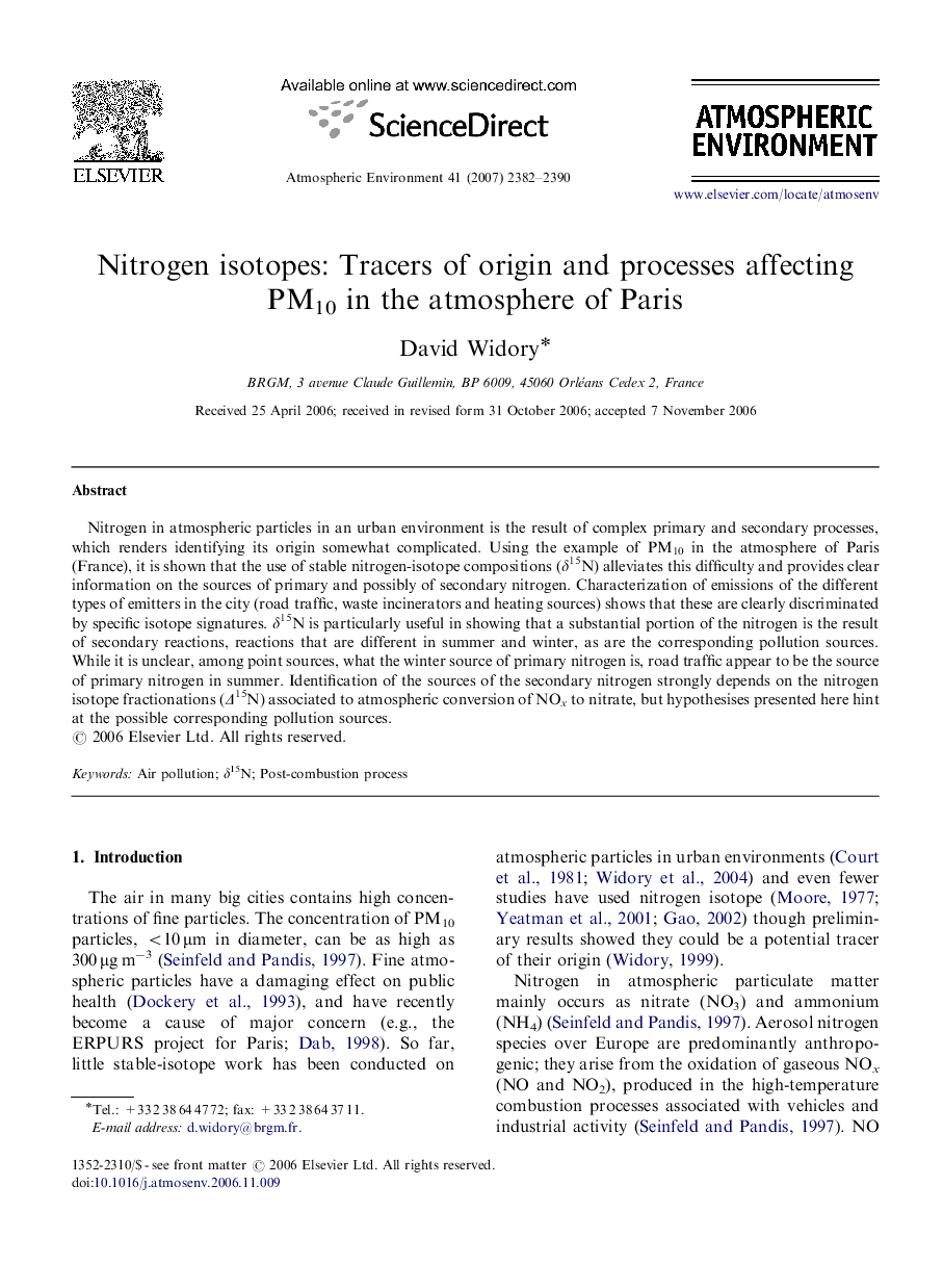 Nitrogen isotopes: Tracers of origin and processes affecting PM10 in the atmosphere of Paris