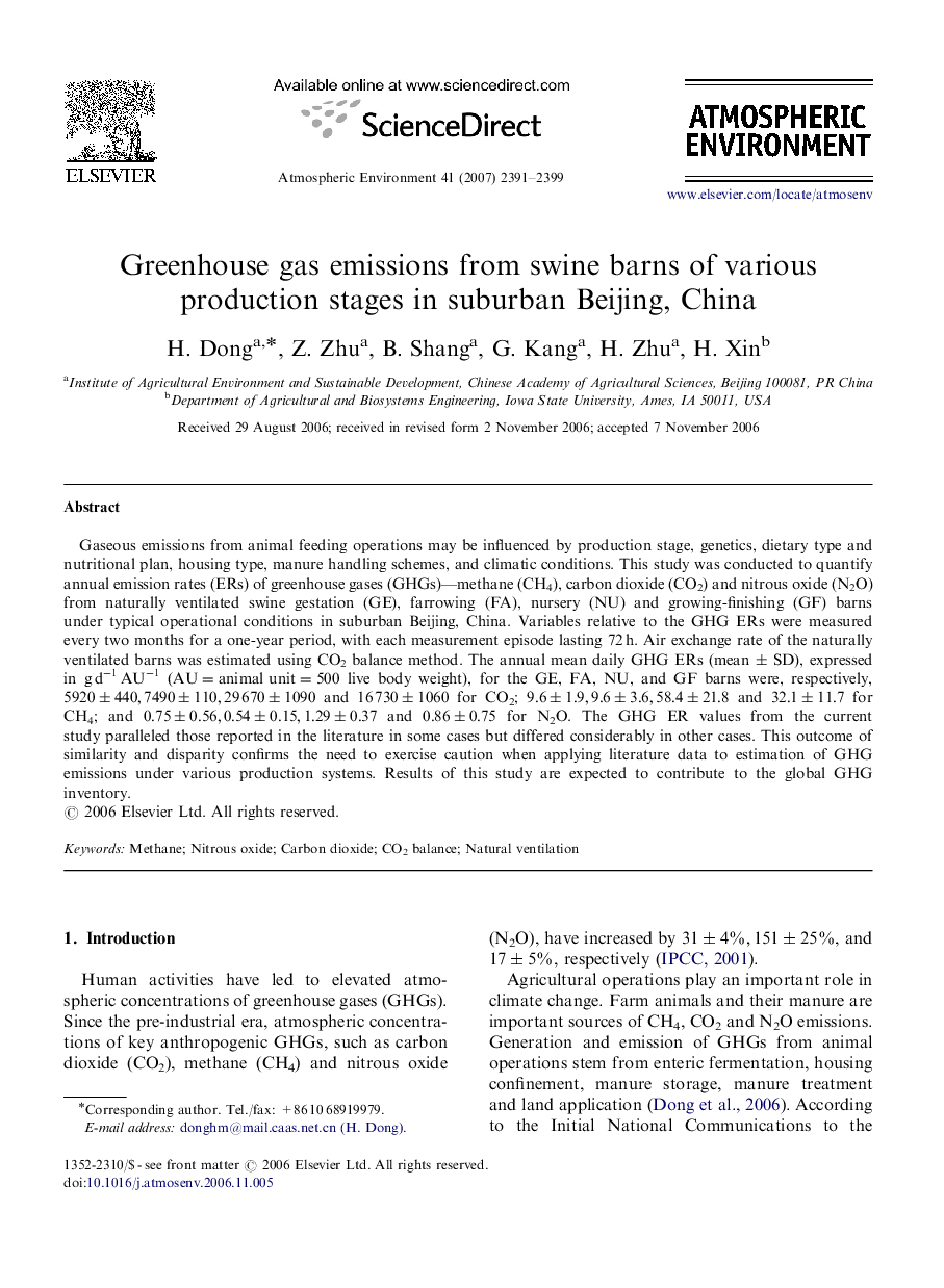 Greenhouse gas emissions from swine barns of various production stages in suburban Beijing, China