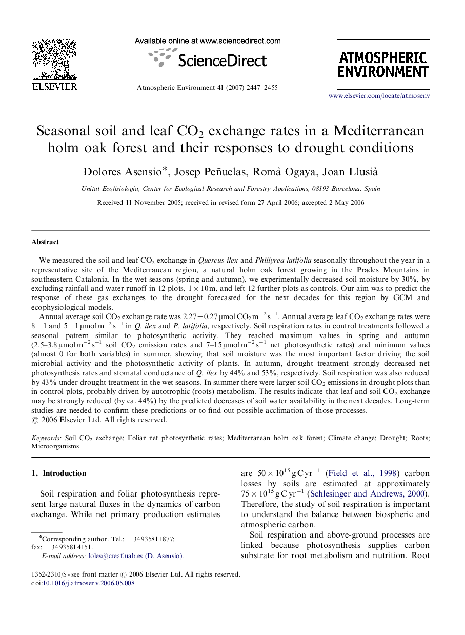 Seasonal soil and leaf CO2 exchange rates in a Mediterranean holm oak forest and their responses to drought conditions