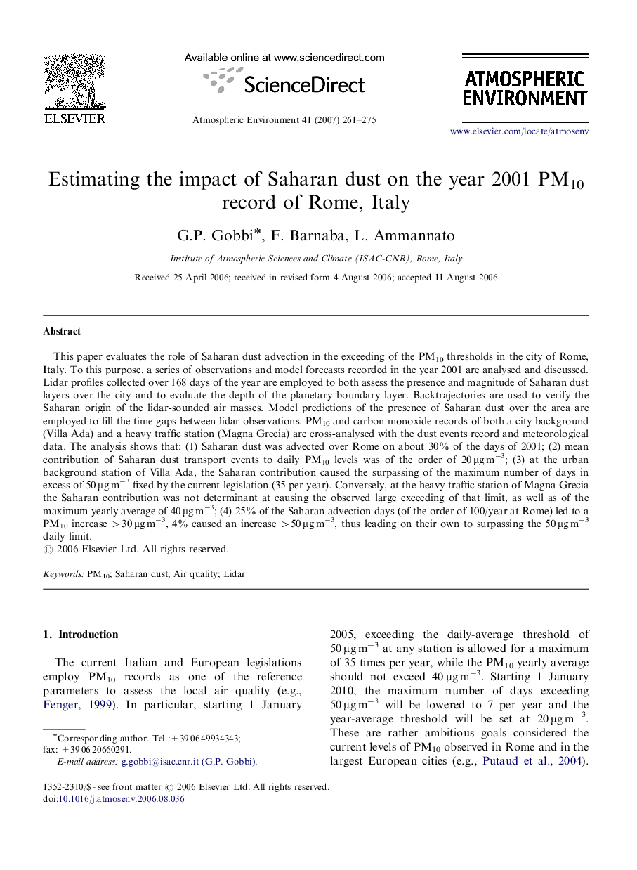 Estimating the impact of Saharan dust on the year 2001 PM10 record of Rome, Italy