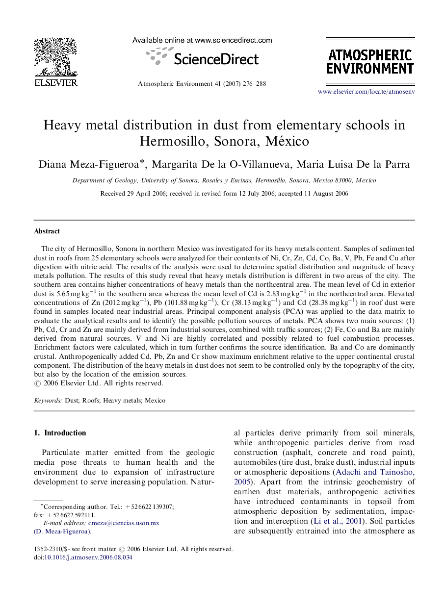 Heavy metal distribution in dust from elementary schools in Hermosillo, Sonora, México