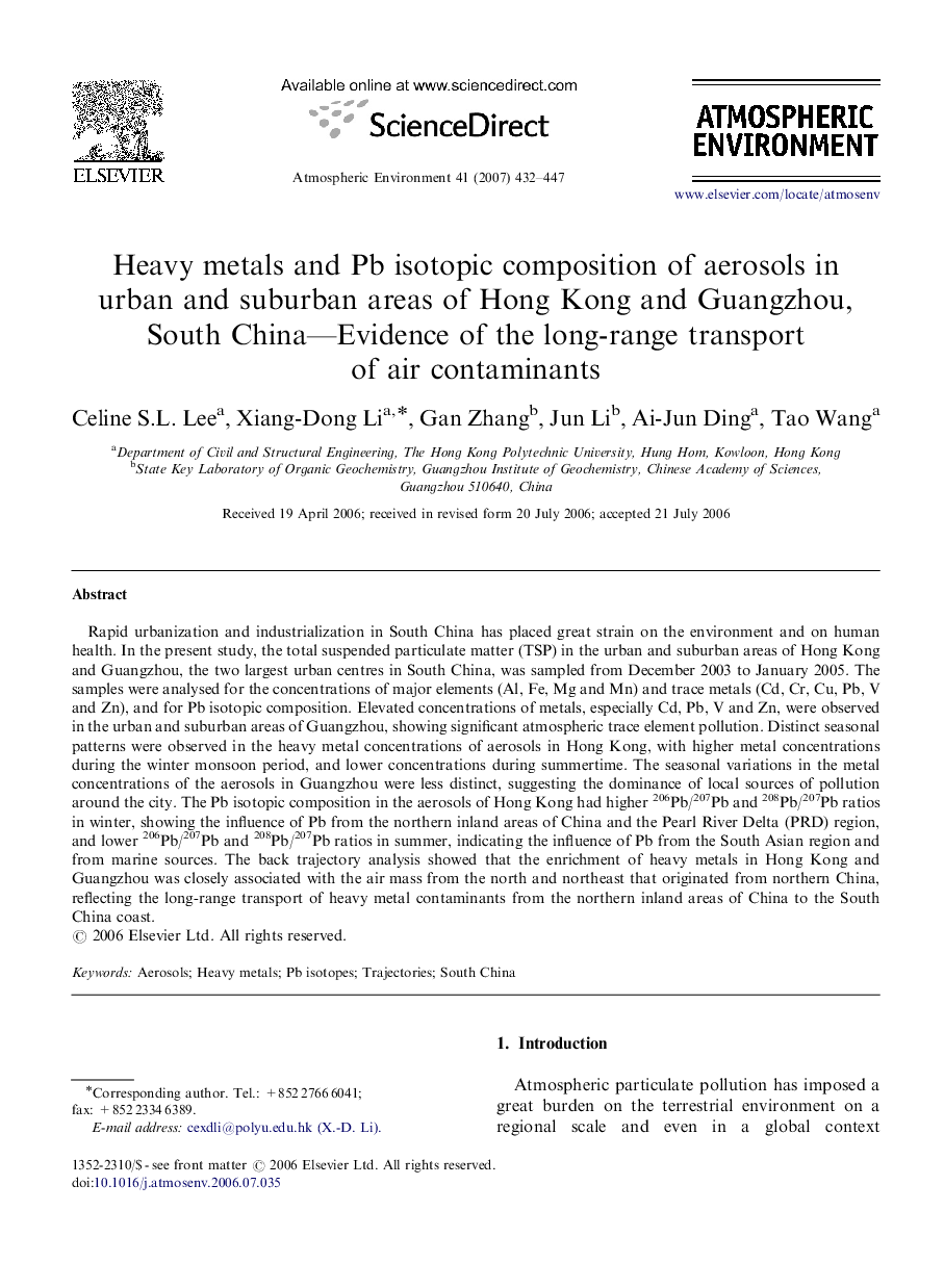 Heavy metals and Pb isotopic composition of aerosols in urban and suburban areas of Hong Kong and Guangzhou, South China—Evidence of the long-range transport of air contaminants