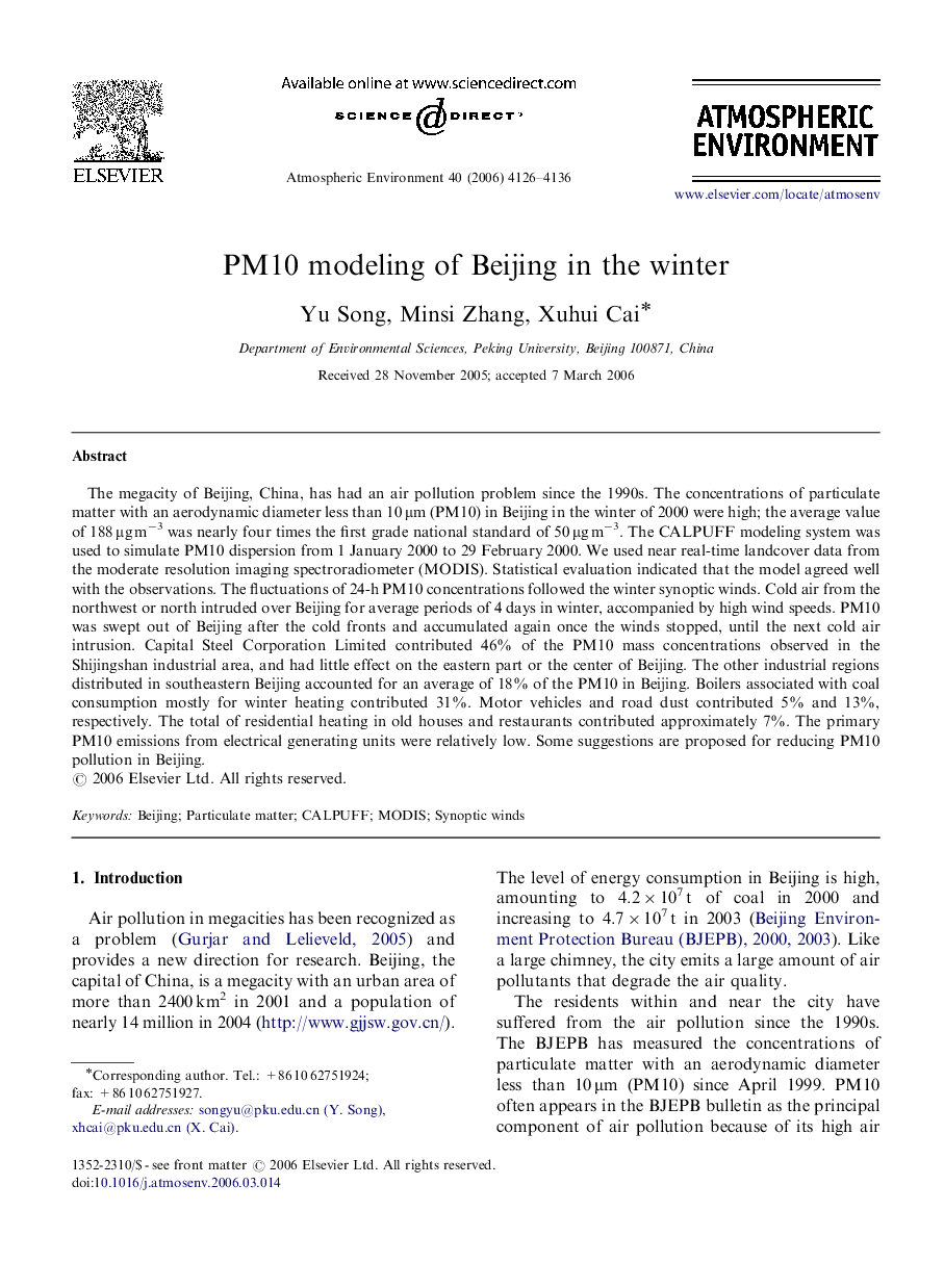 PM10 modeling of Beijing in the winter