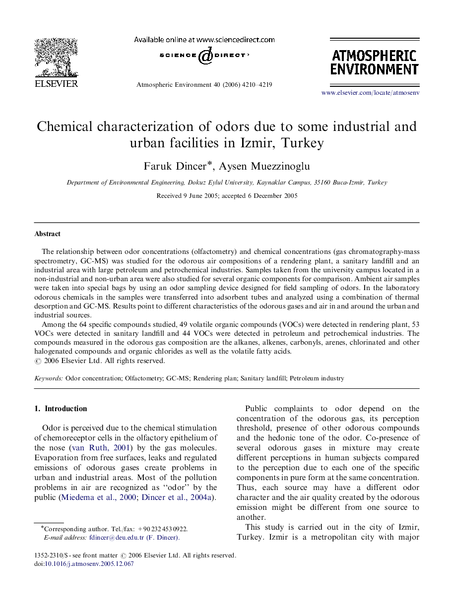 Chemical characterization of odors due to some industrial and urban facilities in Izmir, Turkey