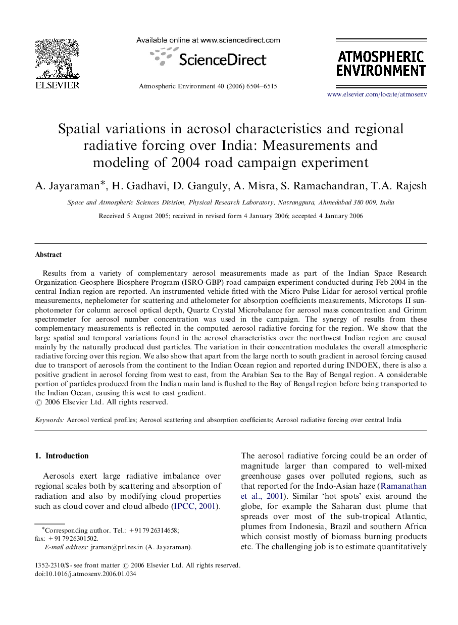 Spatial variations in aerosol characteristics and regional radiative forcing over India: Measurements and modeling of 2004 road campaign experiment