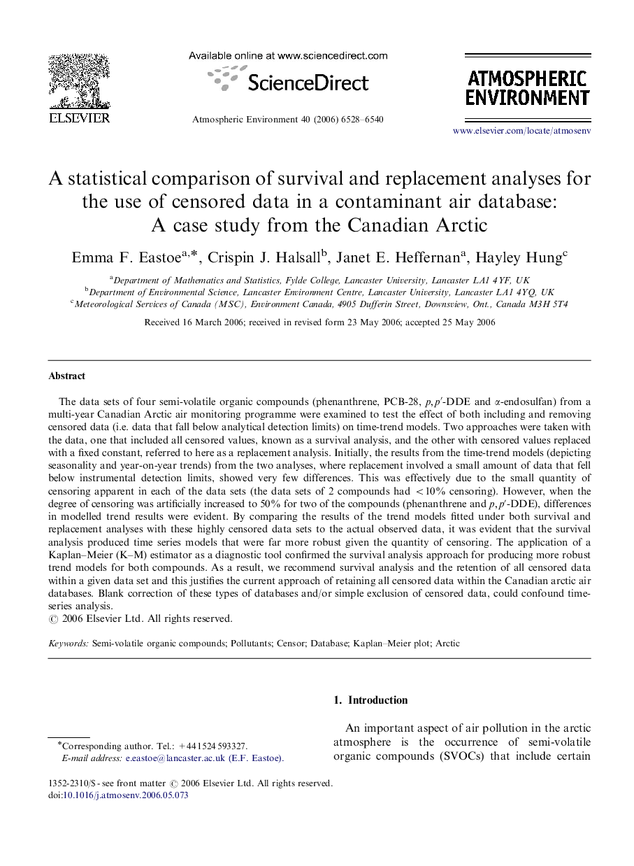 A statistical comparison of survival and replacement analyses for the use of censored data in a contaminant air database: A case study from the Canadian Arctic