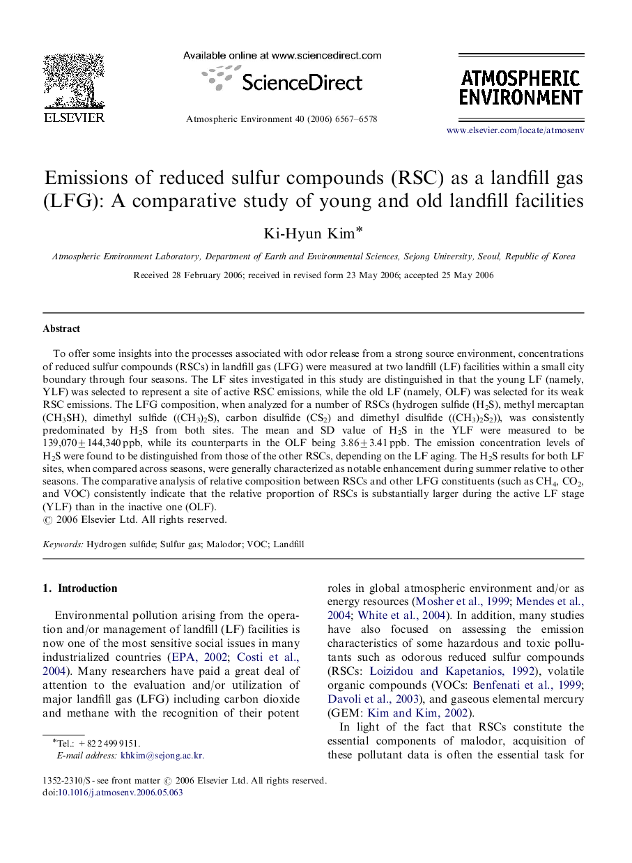 Emissions of reduced sulfur compounds (RSC) as a landfill gas (LFG): A comparative study of young and old landfill facilities