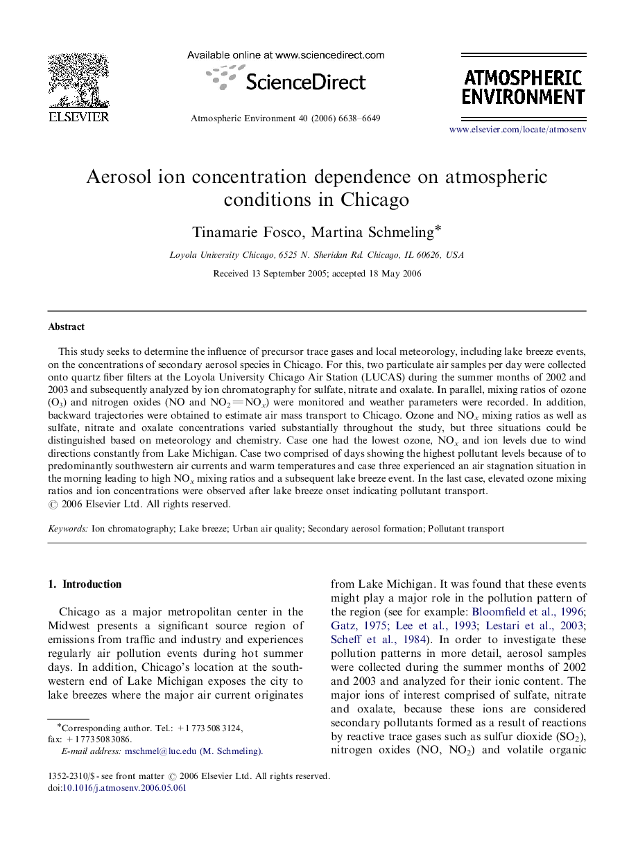 Aerosol ion concentration dependence on atmospheric conditions in Chicago