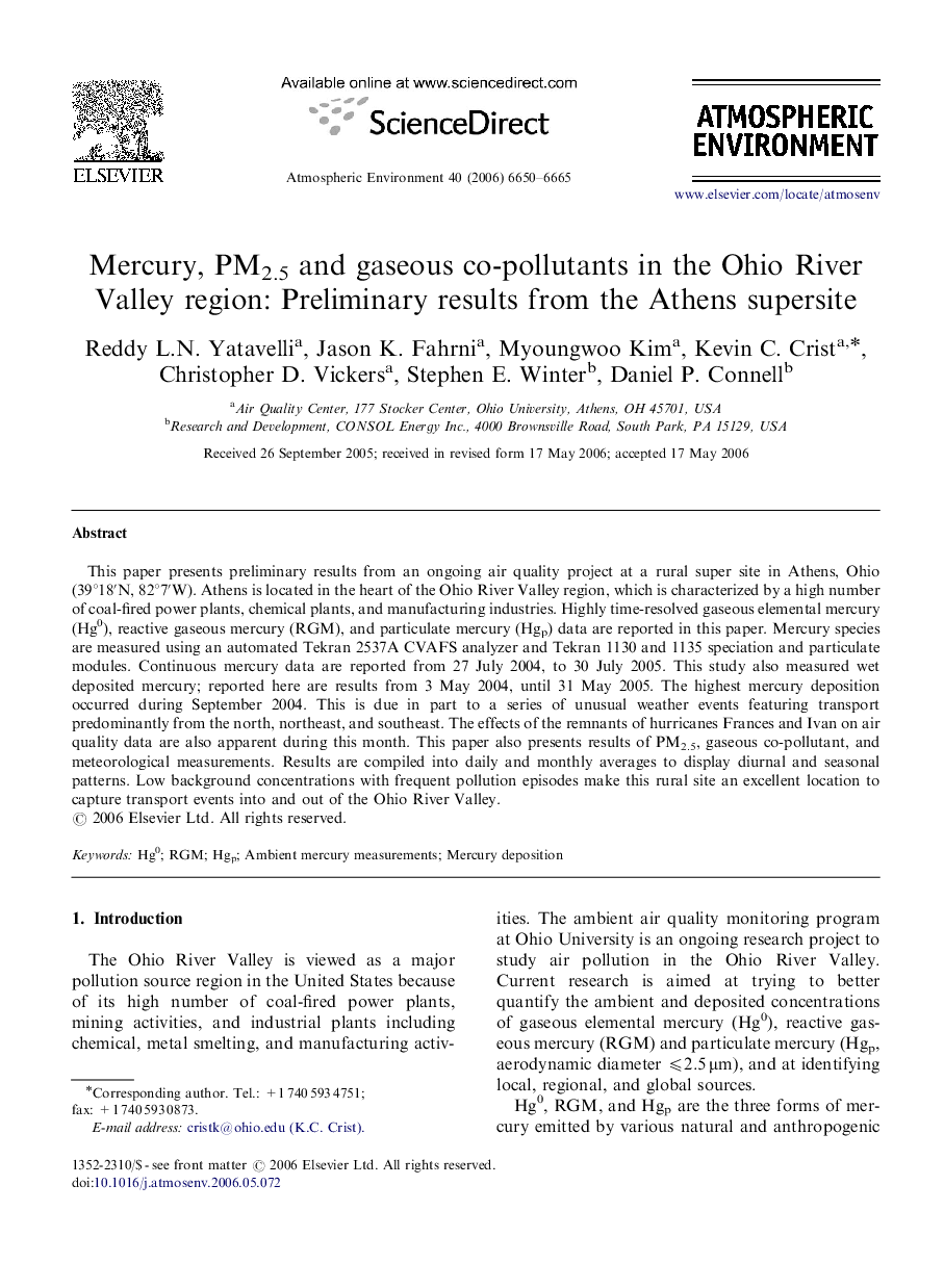 Mercury, PM2.5 and gaseous co-pollutants in the Ohio River Valley region: Preliminary results from the Athens supersite