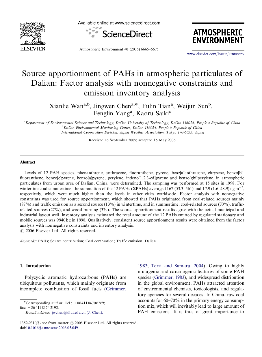 Source apportionment of PAHs in atmospheric particulates of Dalian: Factor analysis with nonnegative constraints and emission inventory analysis