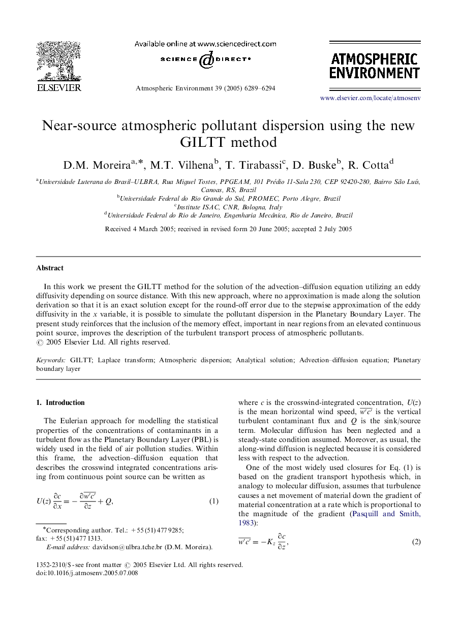 Near-source atmospheric pollutant dispersion using the new GILTT method