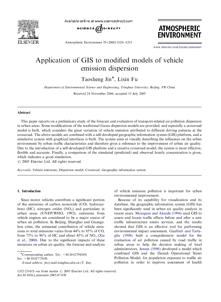 Application of GIS to modified models of vehicle emission dispersion