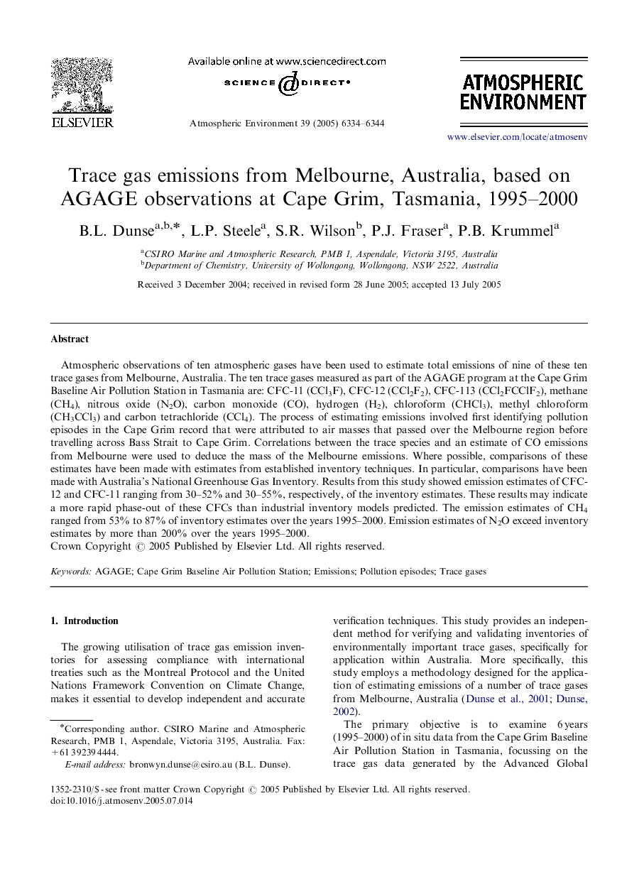 Trace gas emissions from Melbourne, Australia, based on AGAGE observations at Cape Grim, Tasmania, 1995–2000