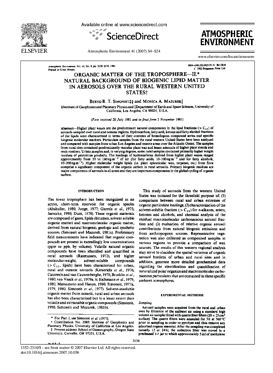 Organic Matter of the Troposphere—II.: Natural Background of biogenic lipid matter in aerosols over the rural western United States† 