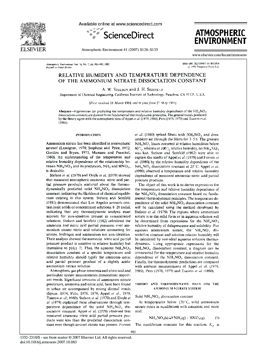 Relative humidity and temperature dependence of the ammonium nitrate dissociation constant