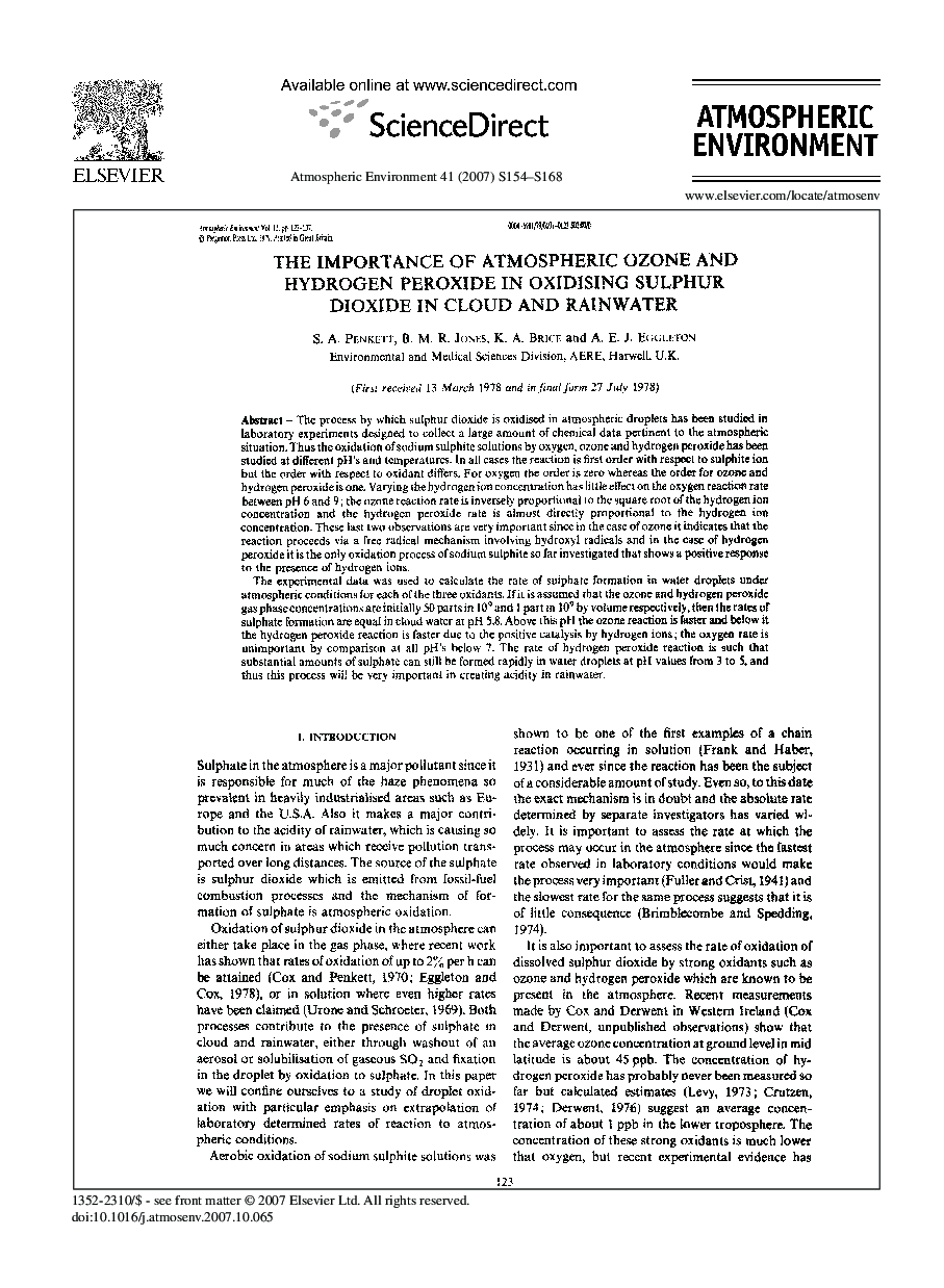 The importance of atmospheric ozone and hydrogen peroxide in oxidising sulphur dioxide in cloud and rainwater