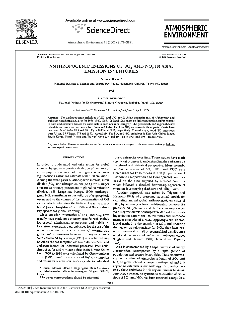 Anthropogenic emissions of SO2 and NOx in Asia: Emission inventories