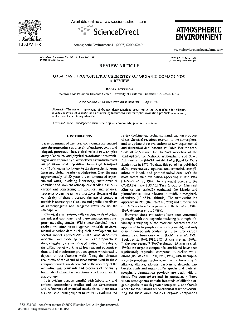 Gas-phase tropospheric chemistry of organic compounds: a review