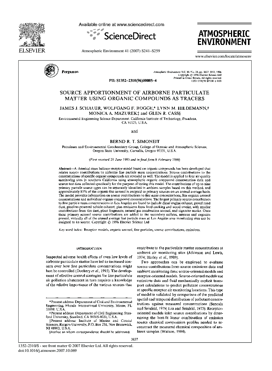 Source apportionment of airborne particulate matter using organic compounds as tracers