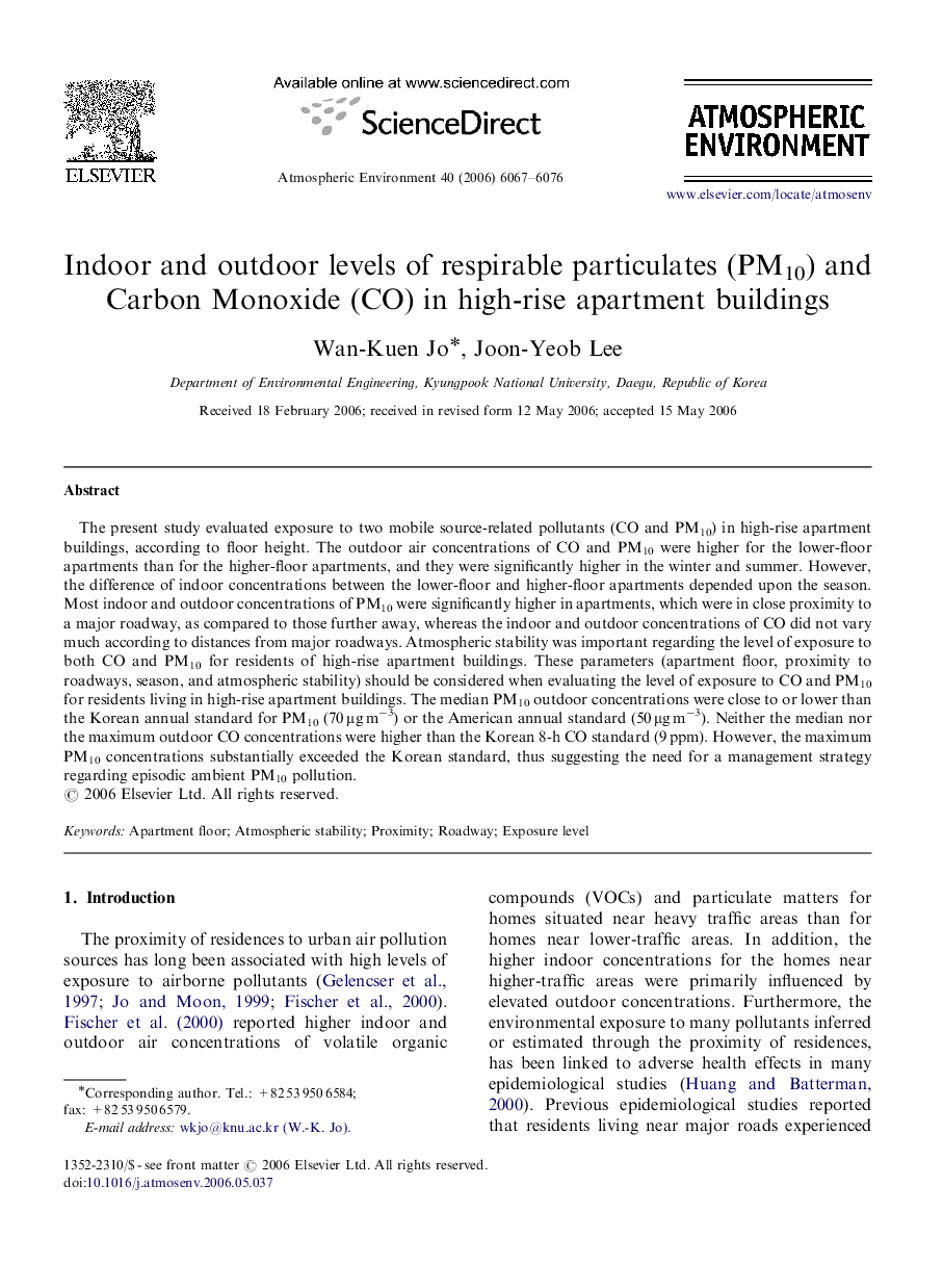 Indoor and outdoor levels of respirable particulates (PM10) and Carbon Monoxide (CO) in high-rise apartment buildings