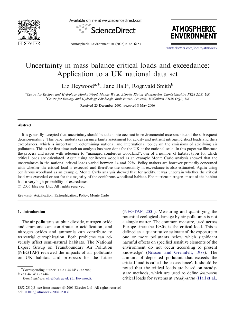 Uncertainty in mass balance critical loads and exceedance: Application to a UK national data set