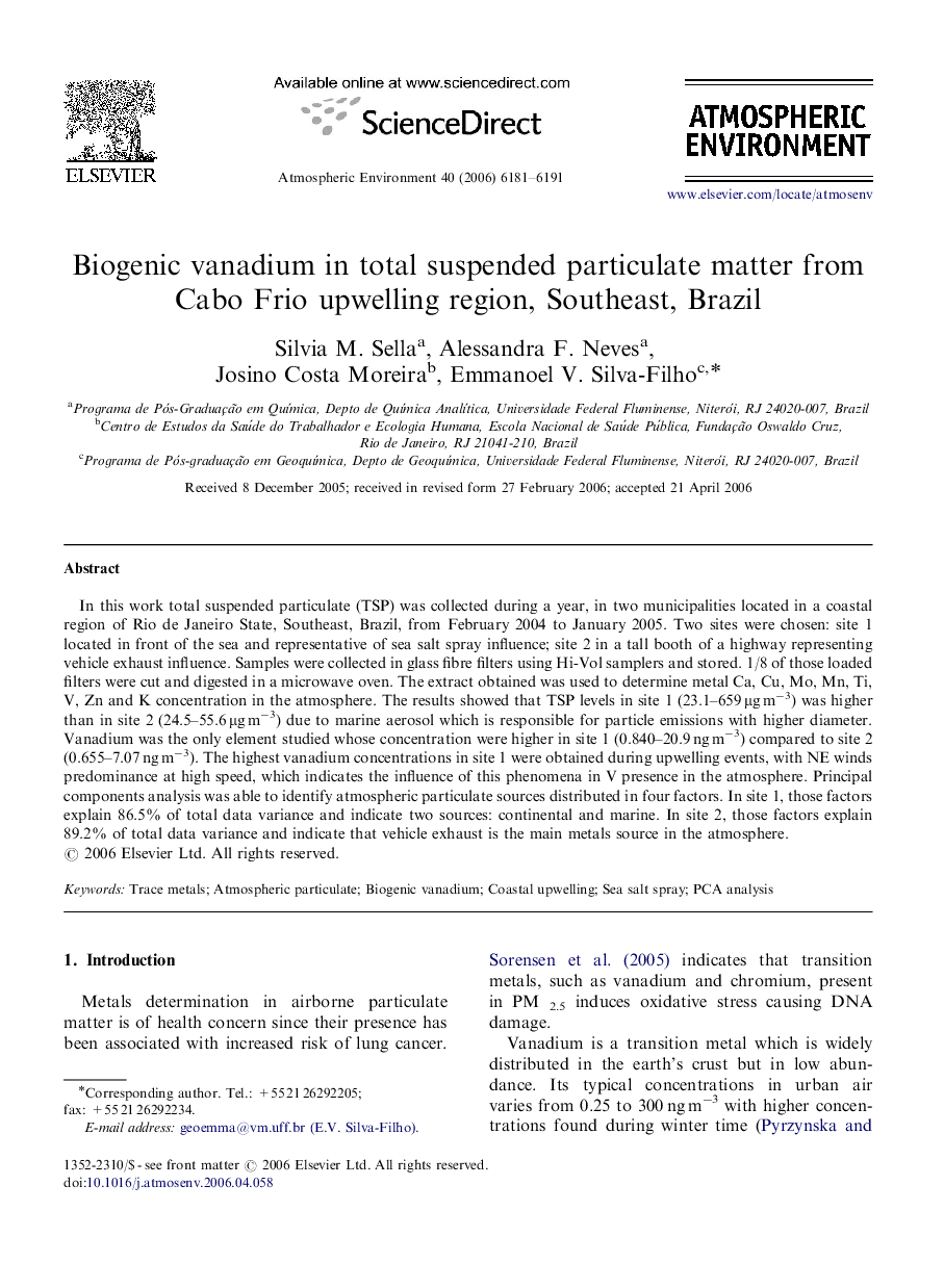 Biogenic vanadium in total suspended particulate matter from Cabo Frio upwelling region, Southeast, Brazil