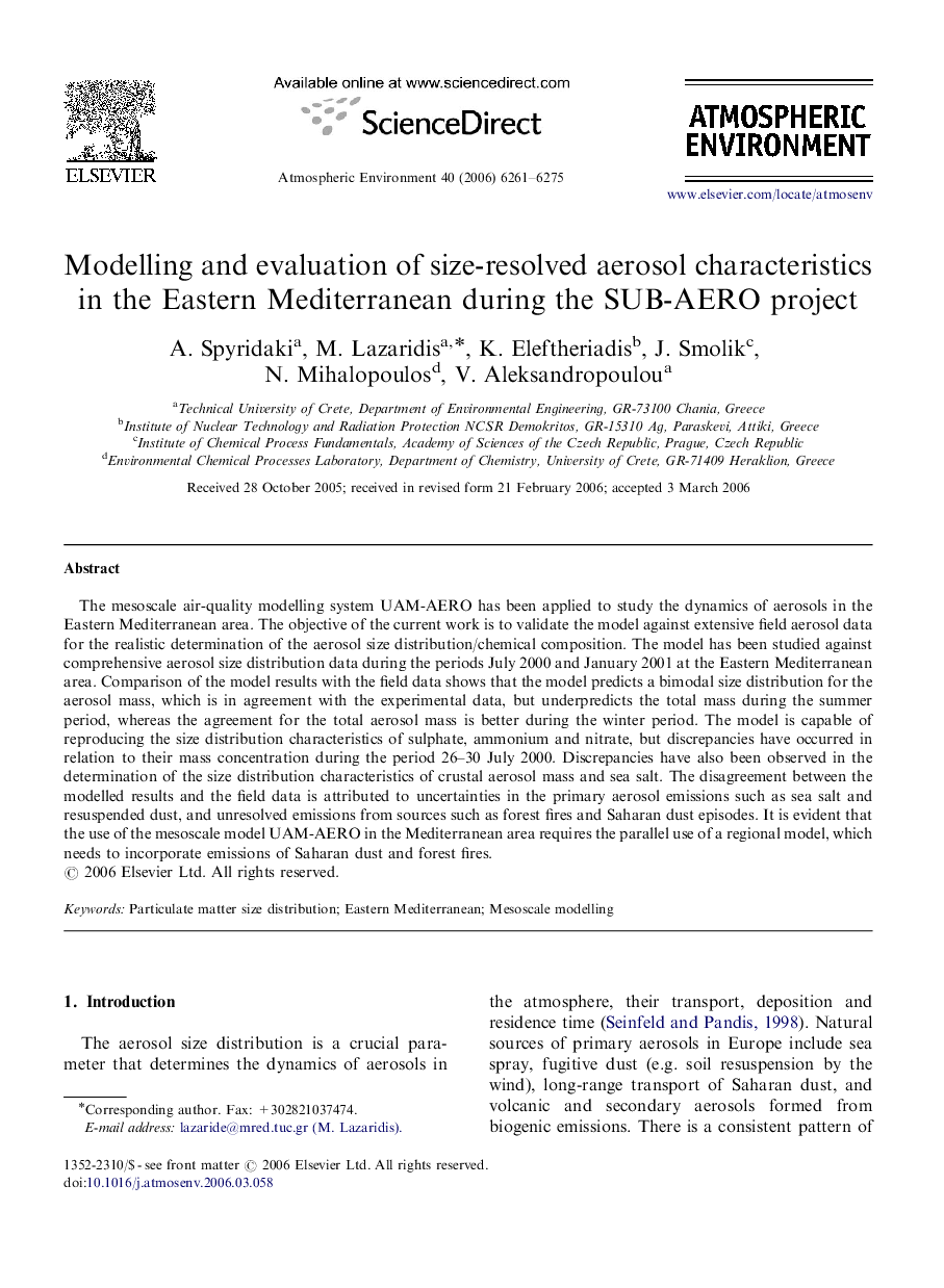 Modelling and evaluation of size-resolved aerosol characteristics in the Eastern Mediterranean during the SUB-AERO project