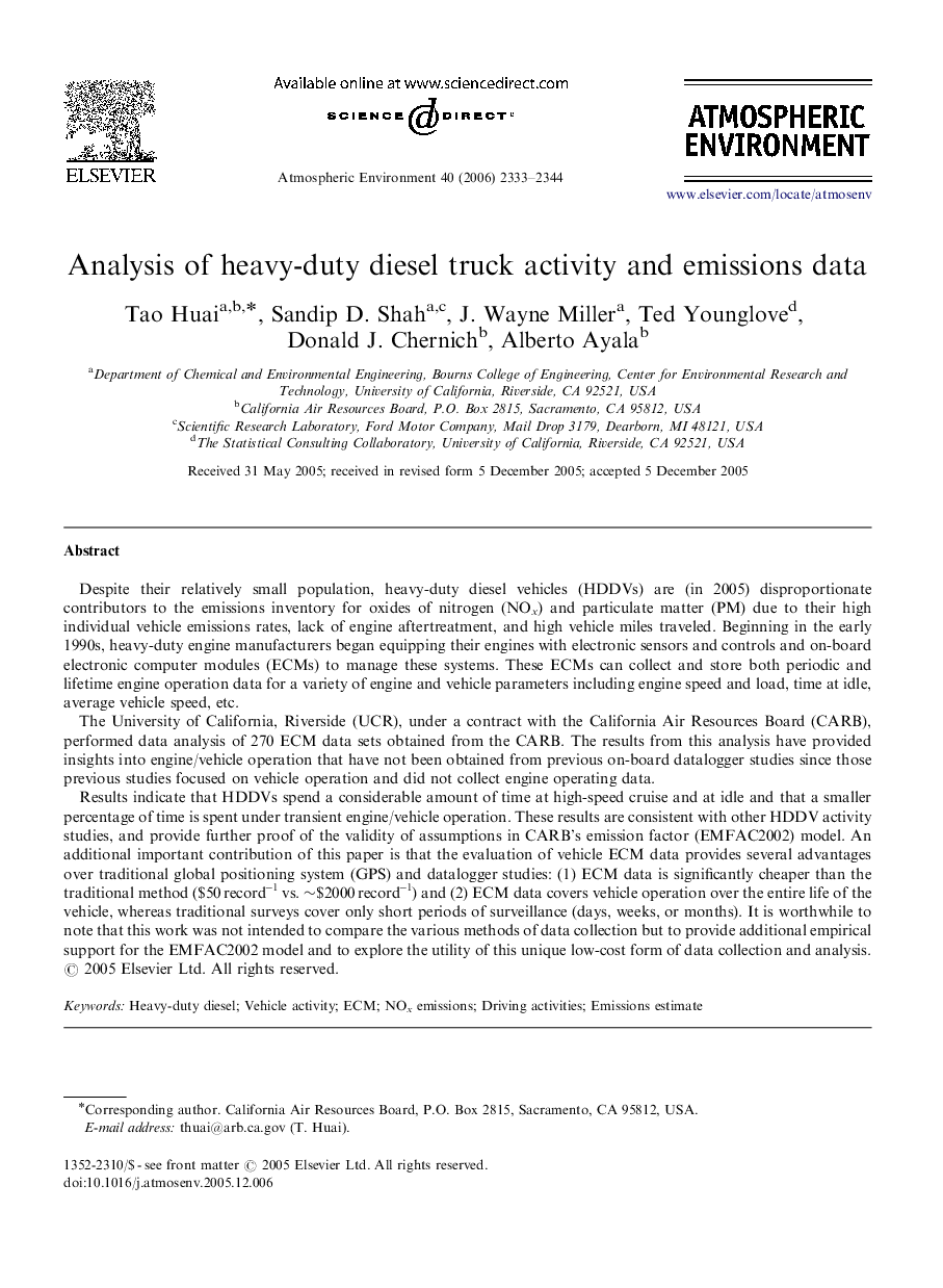 Analysis of heavy-duty diesel truck activity and emissions data