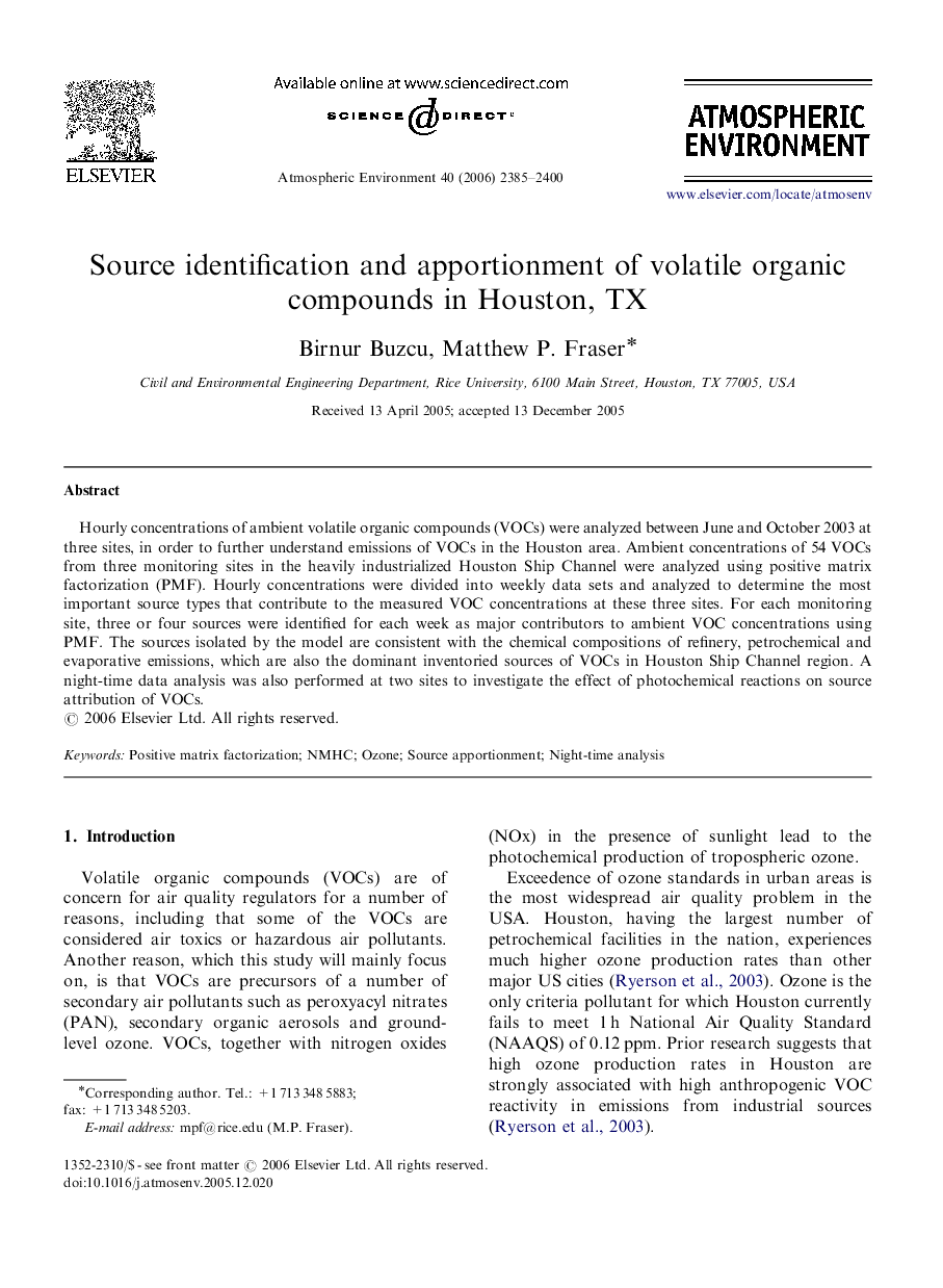 Source identification and apportionment of volatile organic compounds in Houston, TX