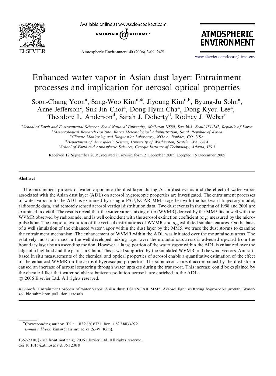 Enhanced water vapor in Asian dust layer: Entrainment processes and implication for aerosol optical properties