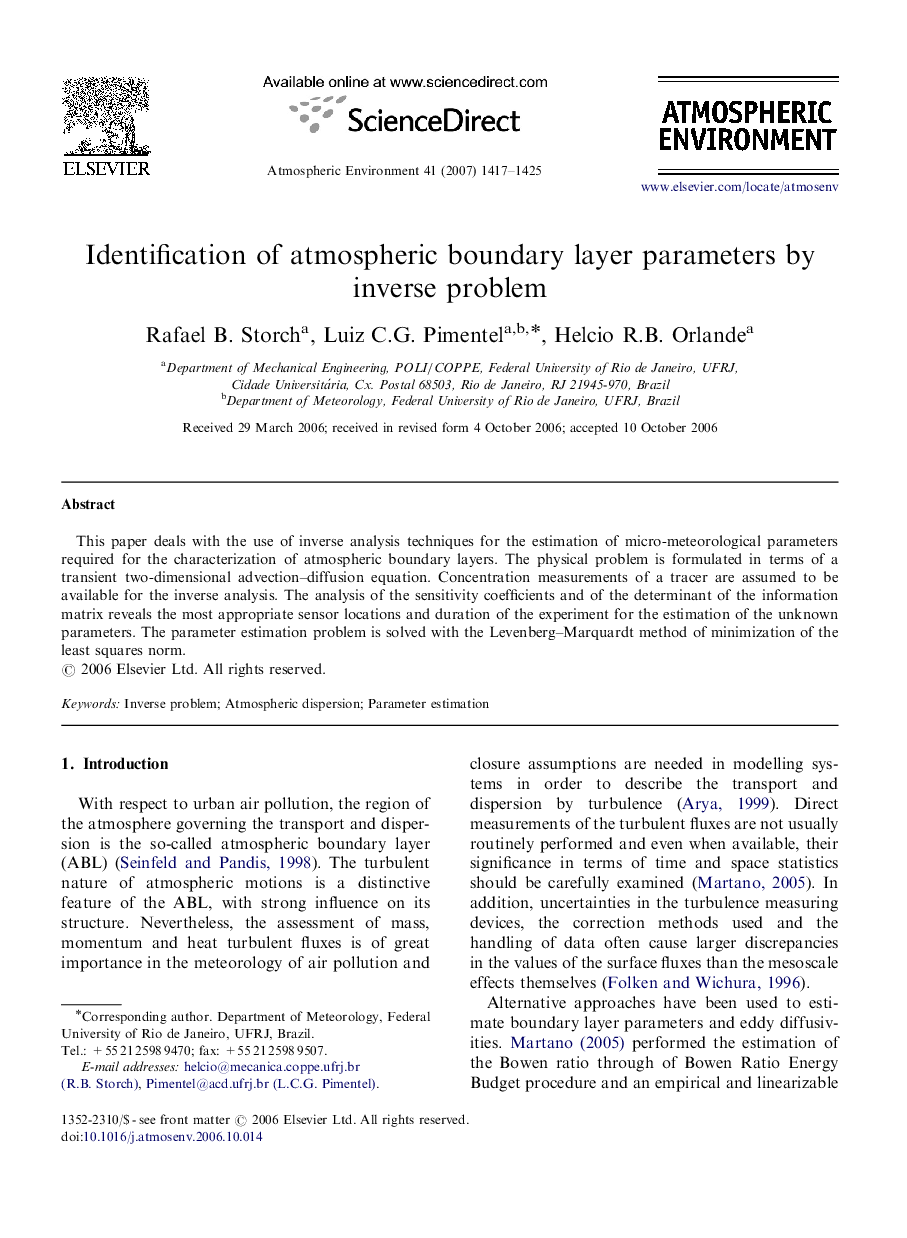 Identification of atmospheric boundary layer parameters by inverse problem