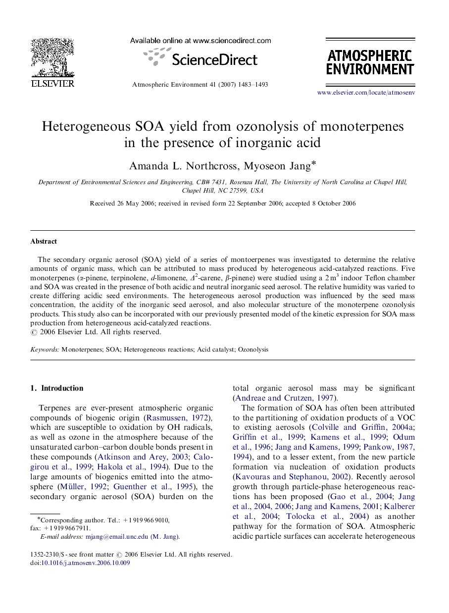 Heterogeneous SOA yield from ozonolysis of monoterpenes in the presence of inorganic acid