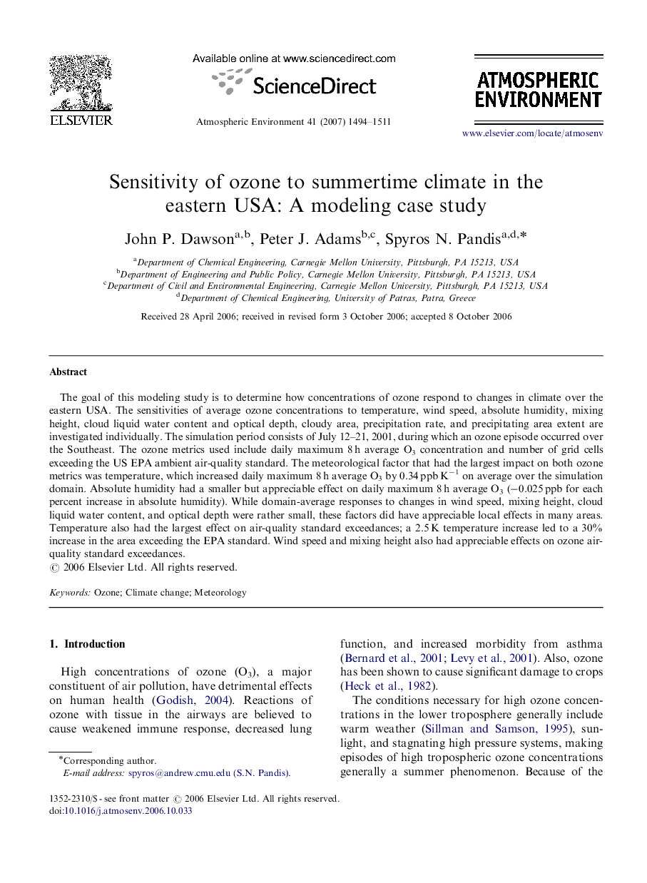 Sensitivity of ozone to summertime climate in the eastern USA: A modeling case study