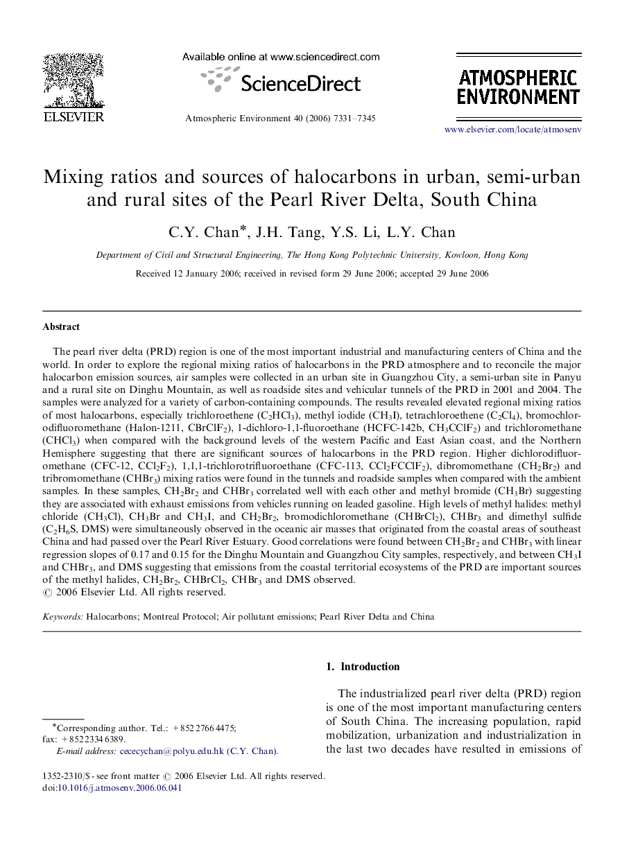 Mixing ratios and sources of halocarbons in urban, semi-urban and rural sites of the Pearl River Delta, South China