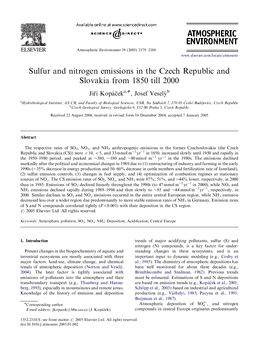 Sulfur and nitrogen emissions in the Czech Republic and Slovakia from 1850 till 2000