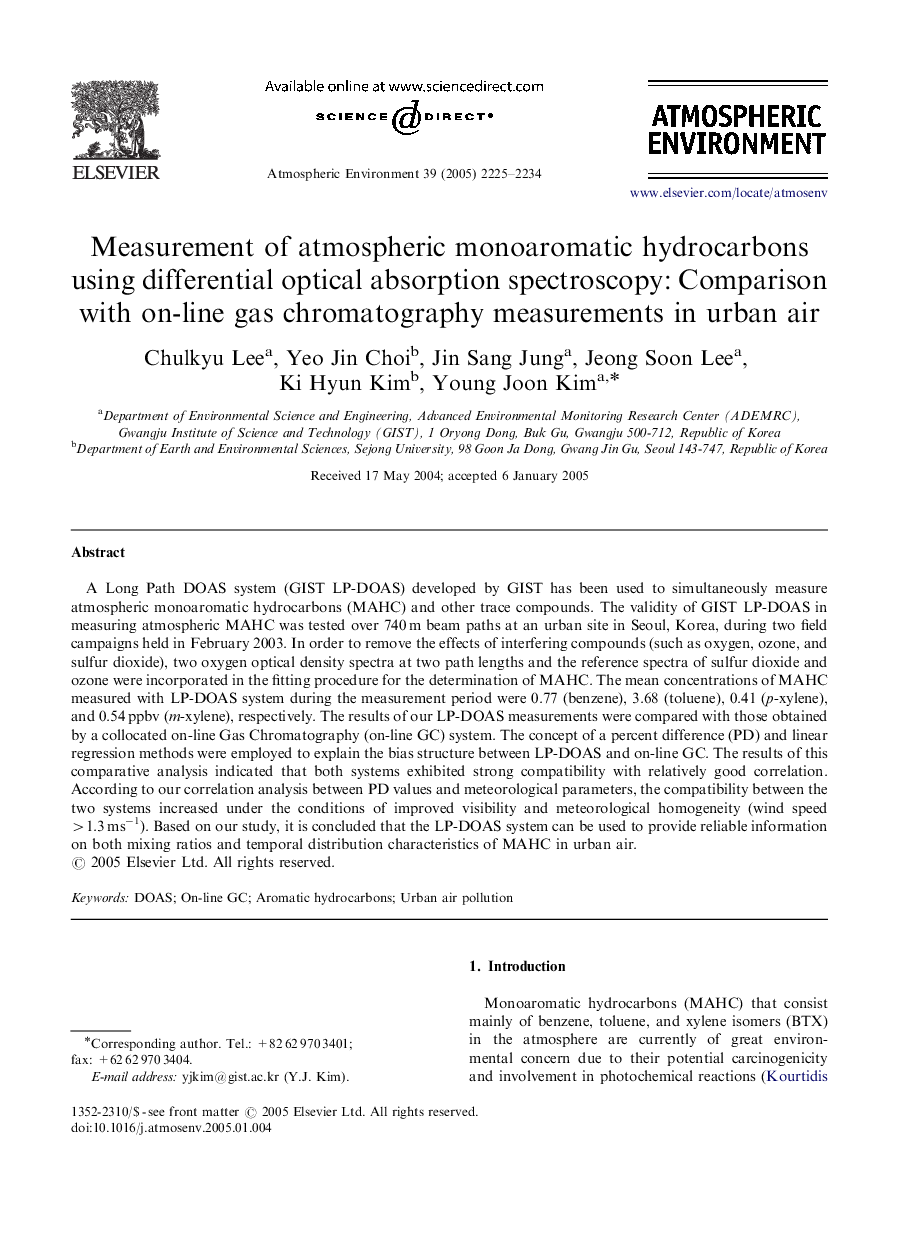 Measurement of atmospheric monoaromatic hydrocarbons using differential optical absorption spectroscopy: Comparison with on-line gas chromatography measurements in urban air