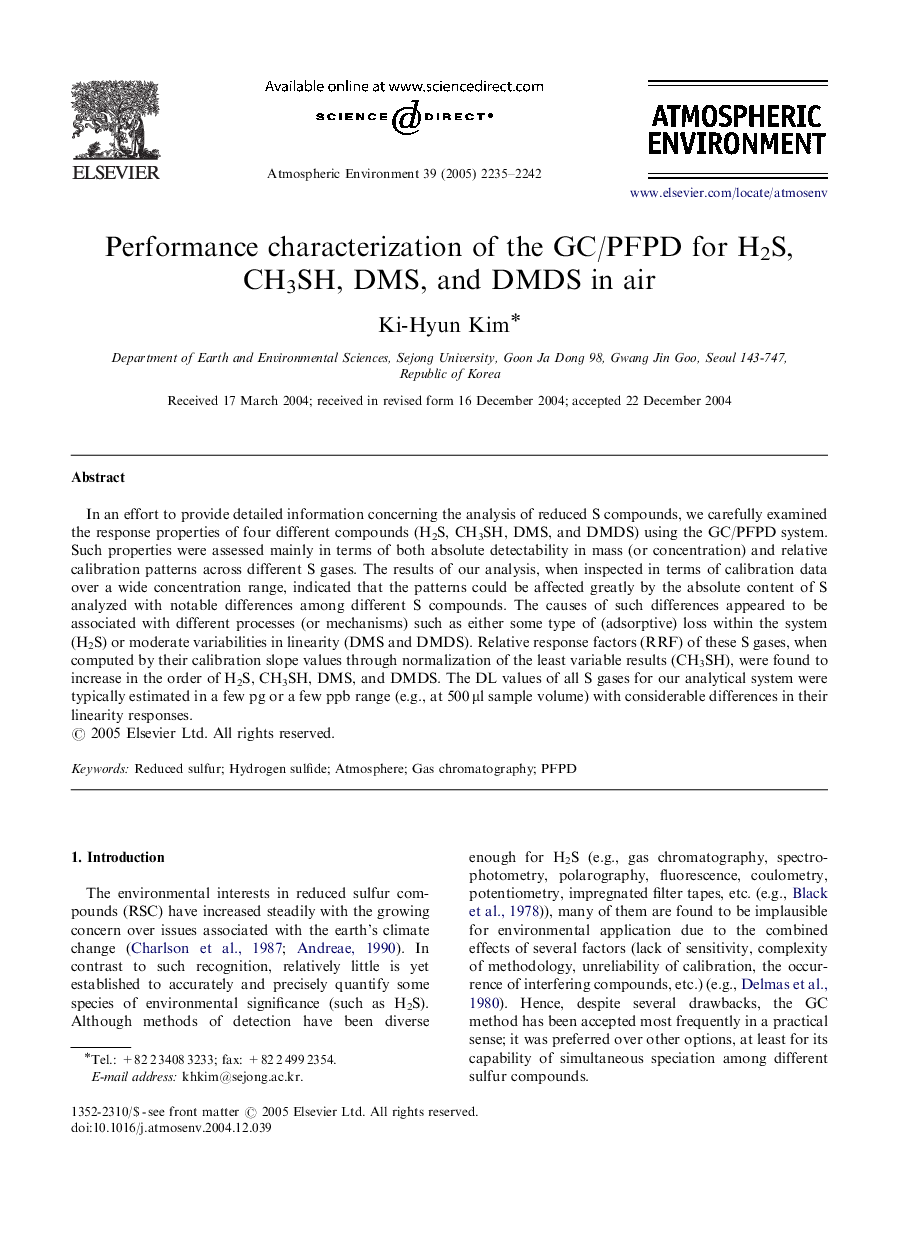 Performance characterization of the GC/PFPD for H2S, CH3SH, DMS, and DMDS in air