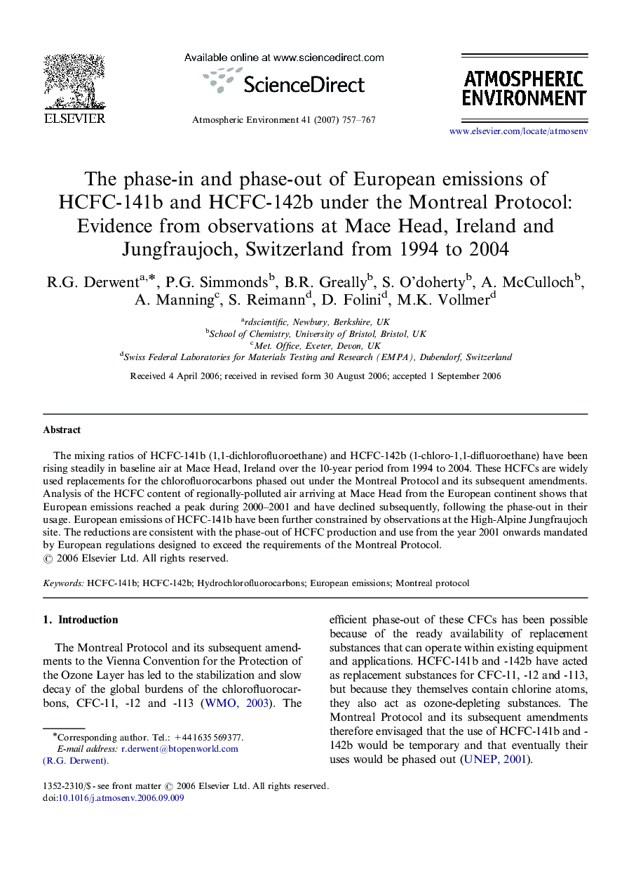 The phase-in and phase-out of European emissions of HCFC-141b and HCFC-142b under the Montreal Protocol: Evidence from observations at Mace Head, Ireland and Jungfraujoch, Switzerland from 1994 to 2004