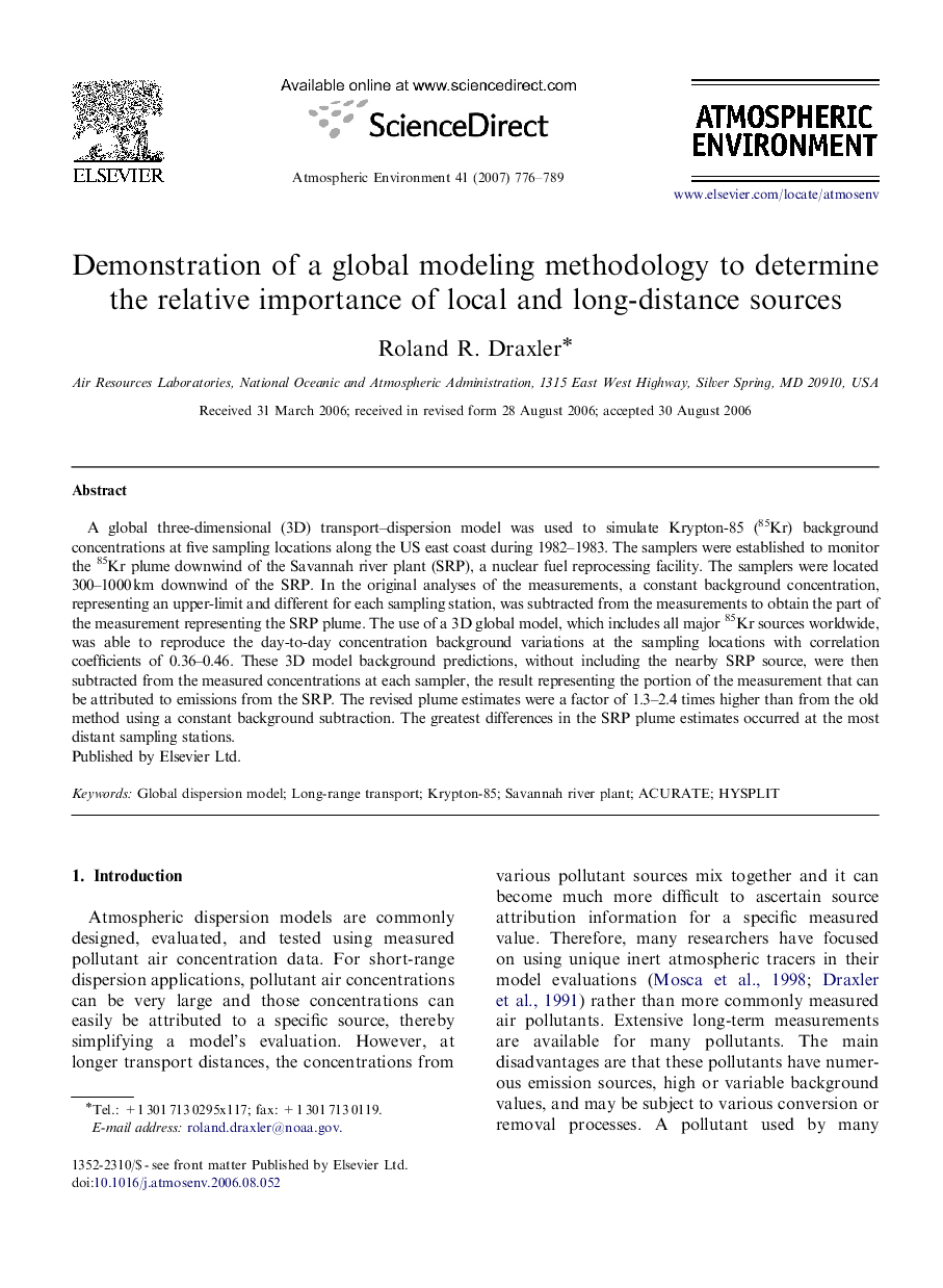 Demonstration of a global modeling methodology to determine the relative importance of local and long-distance sources