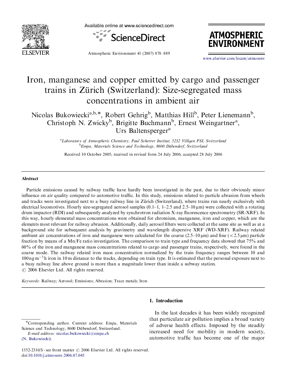 Iron, manganese and copper emitted by cargo and passenger trains in Zürich (Switzerland): Size-segregated mass concentrations in ambient air