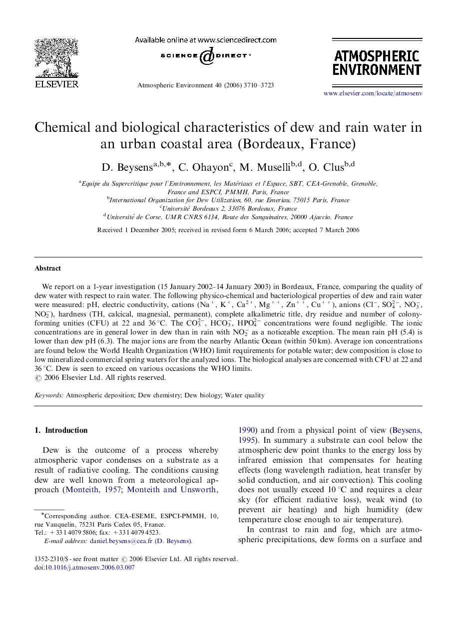 Chemical and biological characteristics of dew and rain water in an urban coastal area (Bordeaux, France)