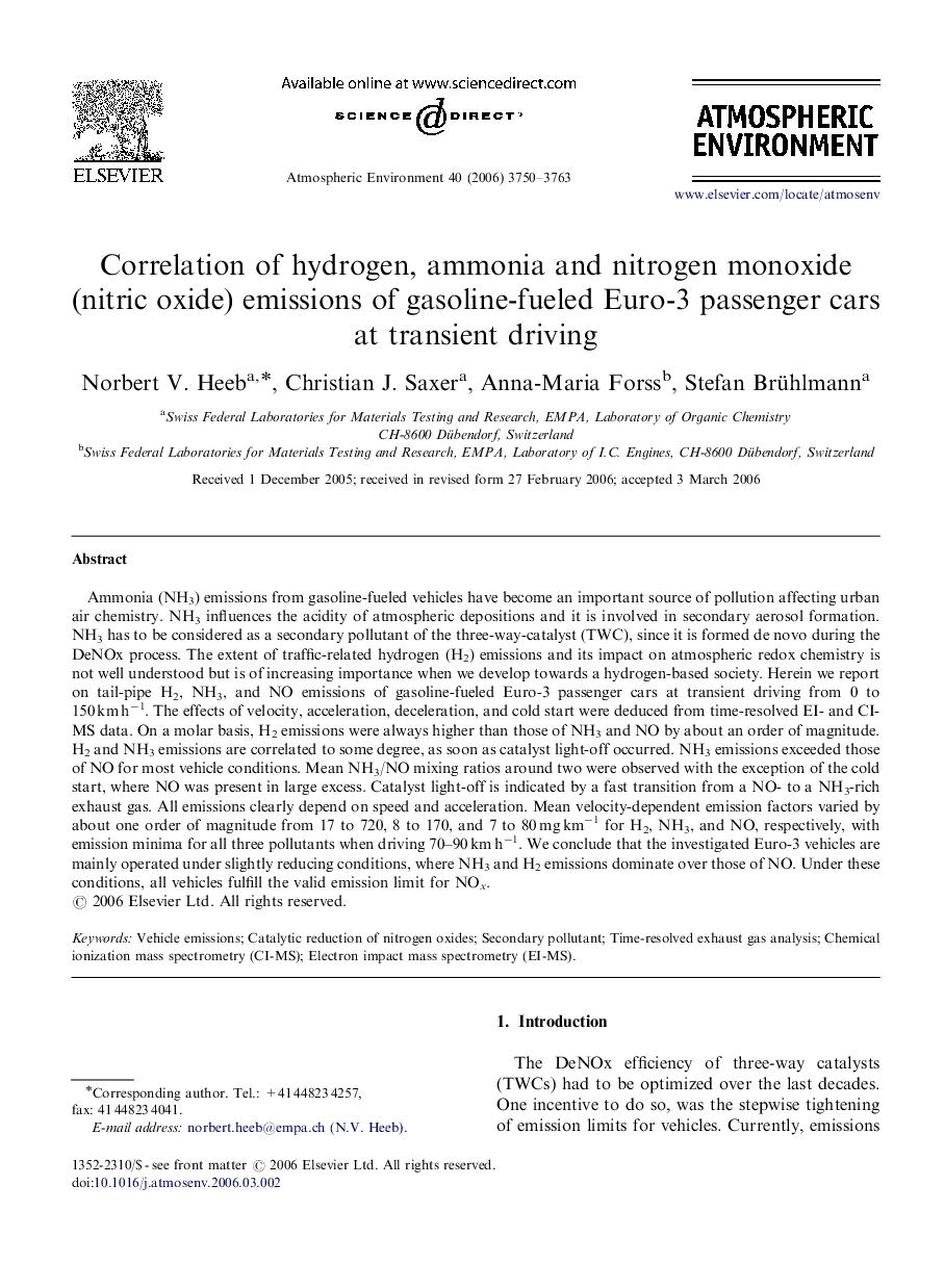 Correlation of hydrogen, ammonia and nitrogen monoxide (nitric oxide) emissions of gasoline-fueled Euro-3 passenger cars at transient driving