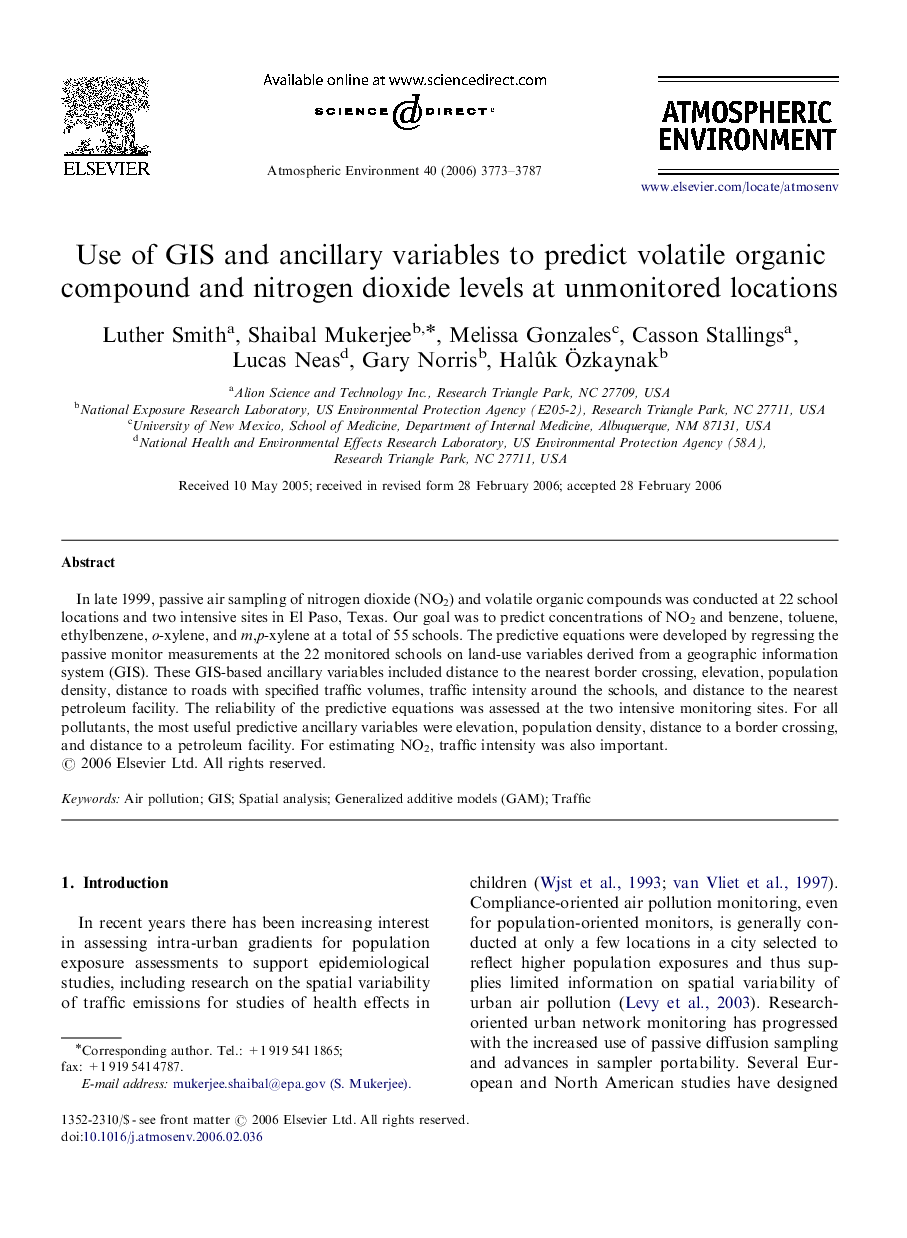 Use of GIS and ancillary variables to predict volatile organic compound and nitrogen dioxide levels at unmonitored locations