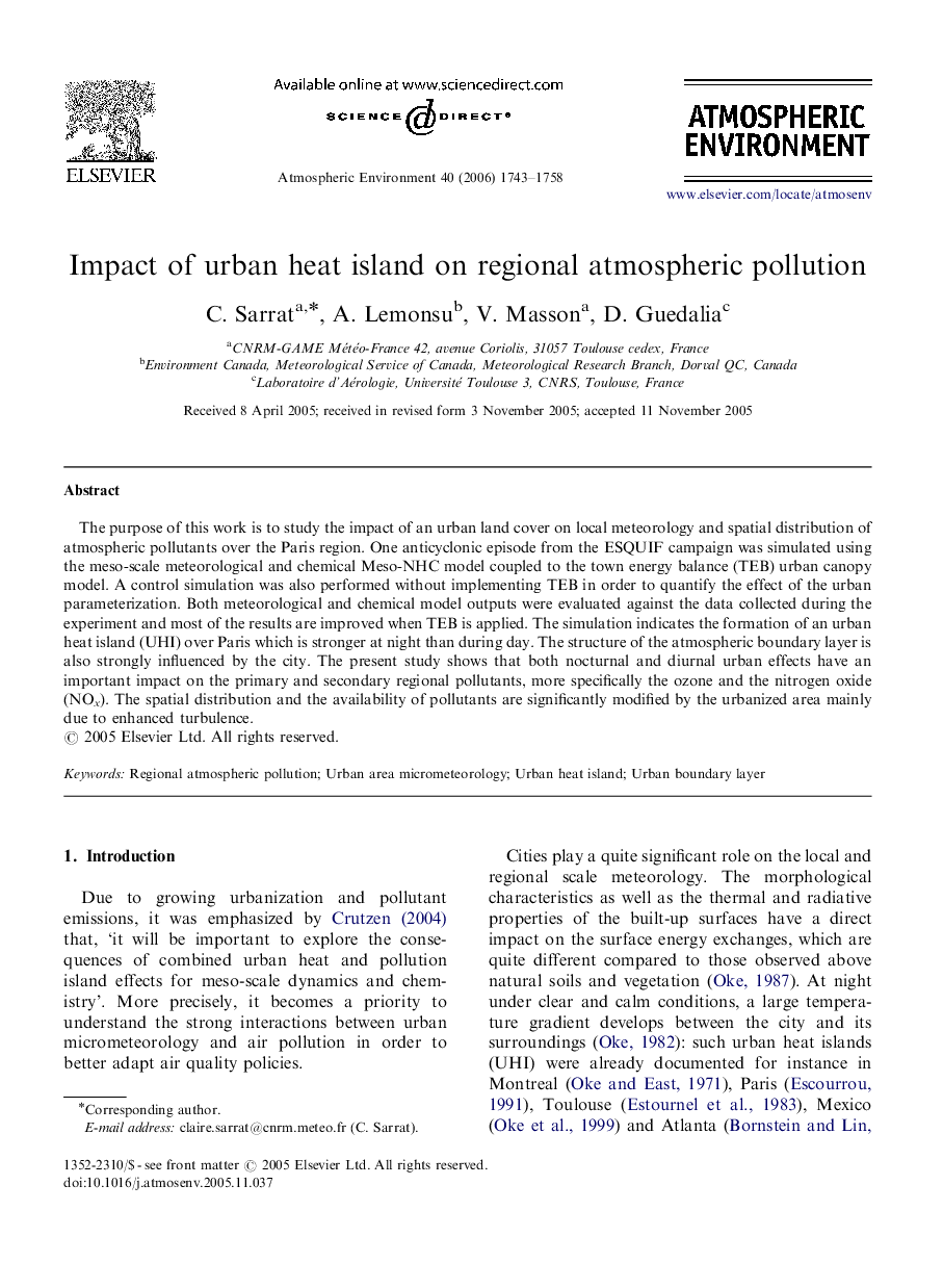 Impact of urban heat island on regional atmospheric pollution