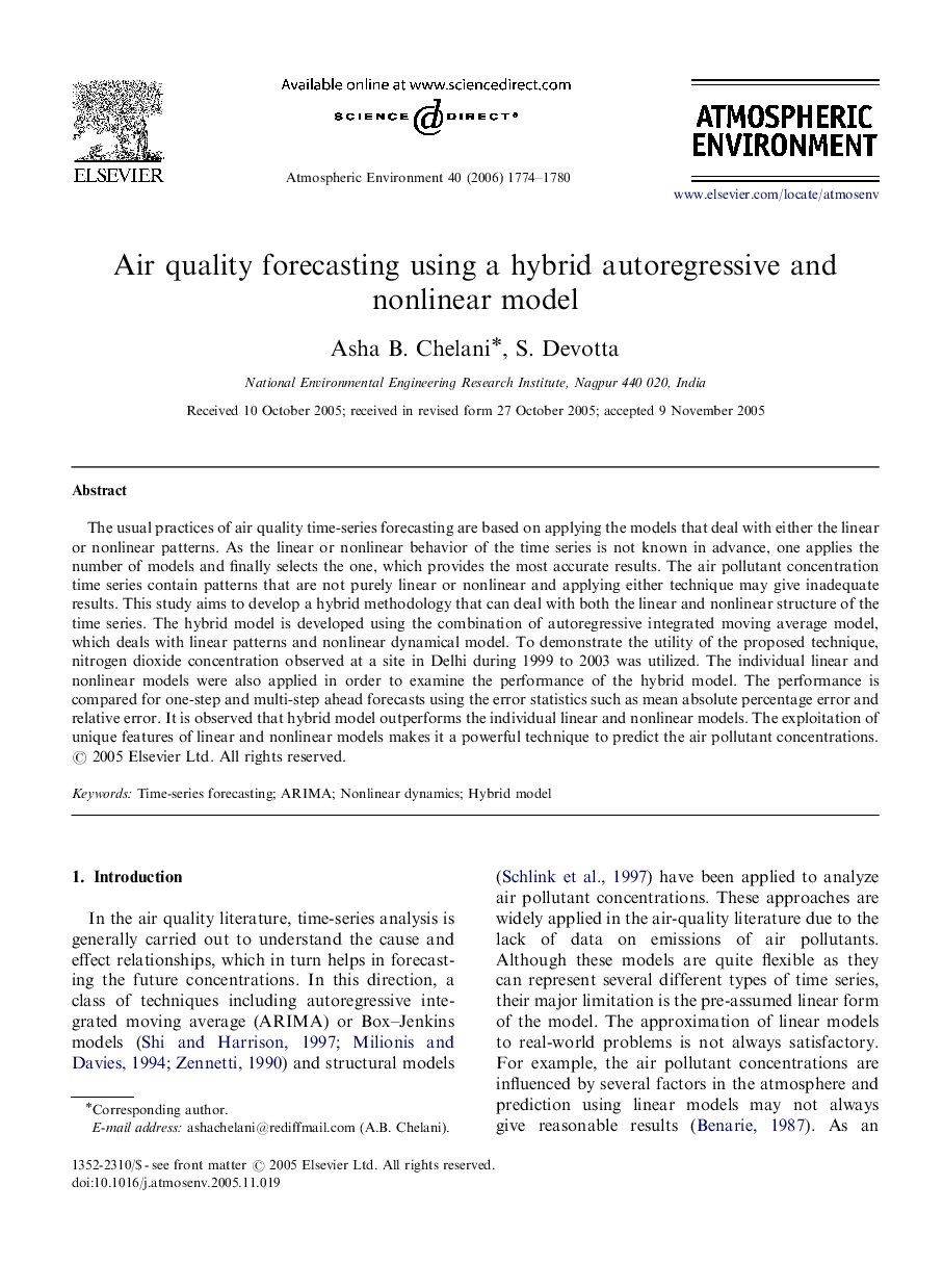 Air quality forecasting using a hybrid autoregressive and nonlinear model