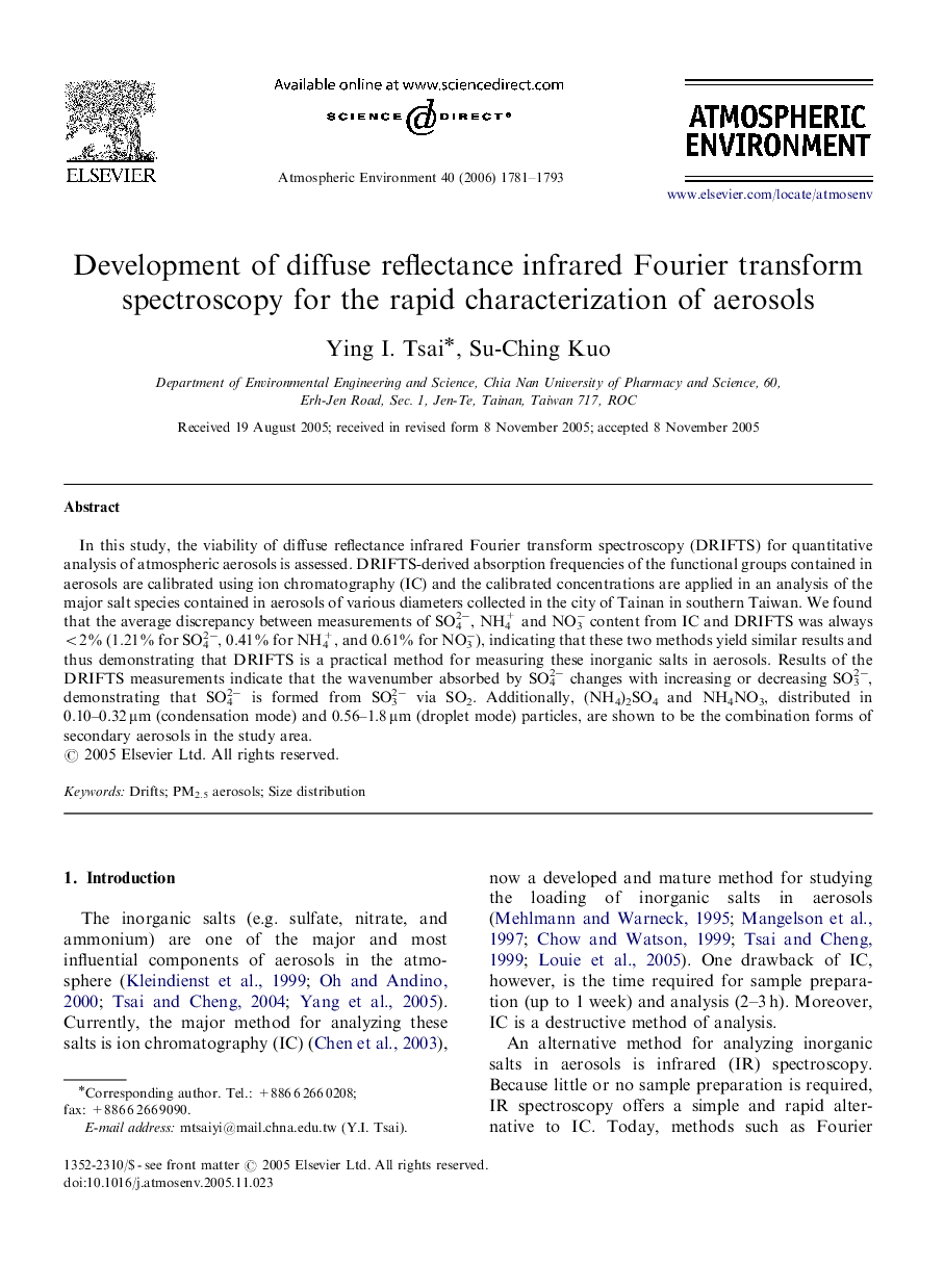 Development of diffuse reflectance infrared Fourier transform spectroscopy for the rapid characterization of aerosols