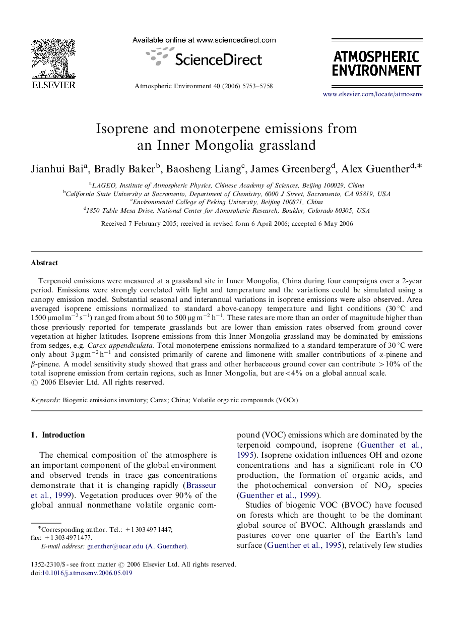 Isoprene and monoterpene emissions from an Inner Mongolia grassland