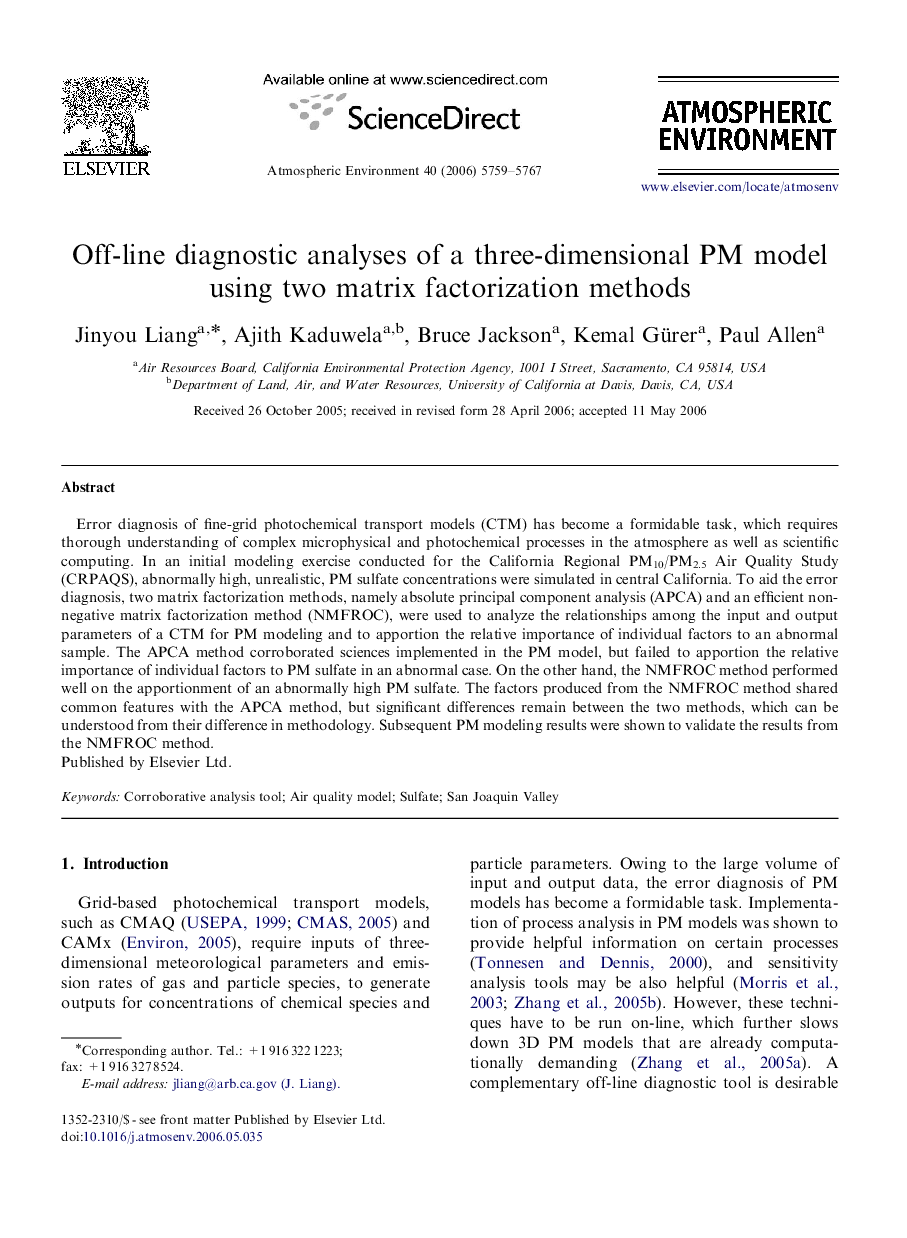 Off-line diagnostic analyses of a three-dimensional PM model using two matrix factorization methods